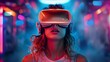 © Pandora arts - Young Woman in VR glasses futuristic Gaming entertainment concept background AI generated