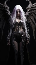 Girl Devil In The Hood With Horns, Long White Hair, And Large Black Wings, With Bleeding Purple Eyes, Armor Dressed, And Angry Expressions On Her Face, Character Fantasy, The Devil Women