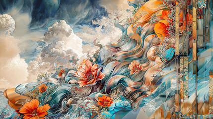 Wall Mural - Surreal Floral Wave Unfurling in an Oriental Tapestry of Clouds and Wind.