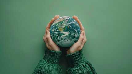 Wall Mural - Hands cradling a painted globe against a green background.