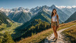 Ragazza di origini asiatichei sorride felice mentre cammina durante un trekking estivo in montagna su un sentiero delle Alpi