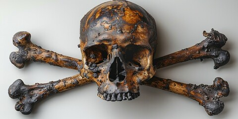 Wall Mural - A rotted skull with bones, with the remains of earth, personifying death and horror, on a grey background.