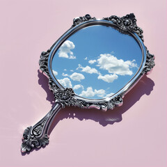 Wall Mural - Antique hand mirror reflecting the sky on a pink background. Whimsical and surreal still life. Dreamlike and artistic concept.