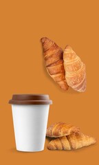 Wall Mural - Levitating food. fresh croissants and coffee cup