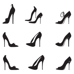 Wall Mural - Set of black high heel shoes silhouettes isolated on white background.