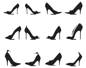 Wall Mural - Set of black high heel shoes silhouettes isolated on white background.