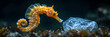 A seahorse, fish, and a plastic bag in the ocean,
Close up of sea horse on blue background