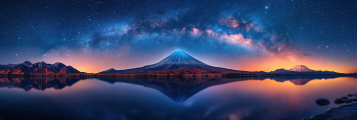 Wall Mural - panoramic landscape with milky way in starry night sky above peak of mountain inactive volcano and o
