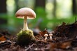 a mushroom growing on a mossy rock