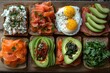 Assorted open-faced sandwiches on wooden board