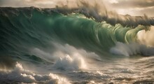 A Huge Wall Of Water Emerges From The Depths Of The Ocean, Rising High Above The Horizon And Surging Into A Devastating Tsunami Wave.