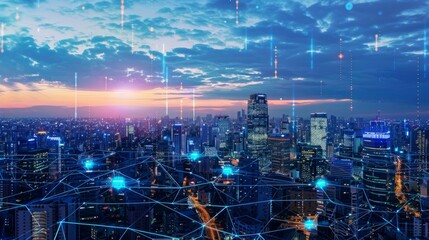 Cityscape With Interconnected Network Lines