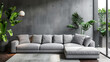 Grey corner sofa against concrete wall with copy space. Minimalist home interior design of modern living room. Contemporary design.