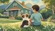 A young boy sits outside on the grass with his rural home with a pet puppy dog in the summertime.