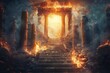The flames dance on ancient pillars, casting eerie shadows on the stone steps leading to the fiery font, a haunting vision in this fantasy realm.