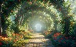 Magical paradise with lush greenery, mystical flora, and enchanting archway. Dreamy woodland bathed in golden light. Enchanted 3D realm.