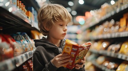 Child with food allergy reading ingredients on a product, informed choice