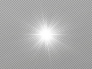 Wall Mural - White glowing light explodes on a transparent background. with ray. Transparent shining sun, bright flash. Special lens flare light effect.	