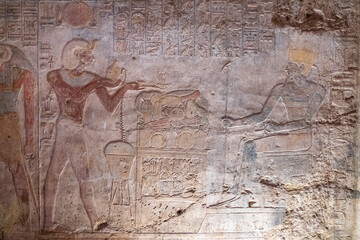 hieroglyphs and drawings of egyptian gods, ancient egypt, aswan