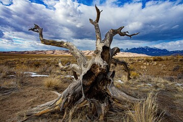 Wall Mural - Lone tree branch stands in a lush grassy field, illuminated by a cloudy sky above.