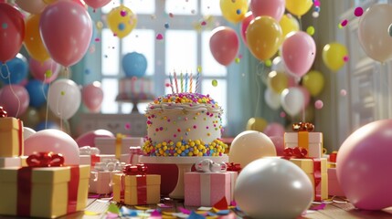 Wall Mural - A birthday cake surrounded by gifts and balloons