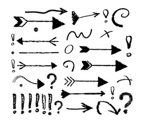 Set of Hand drawn black chalk coal arrows, punctuation marks, question, exclamation mark, direction pointers, Swirl lines. Charcoal, pencil drawn scribble design elements isolated on white background.