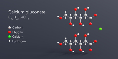 calcium gluconate molecule 3d rendering, flat molecular structure with chemical formula and atoms color coding