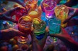 Diverse group of individuals holding vibrant cocktails, clinking glasses together in a celebratory toast, with creative lighting enhancing colorful hues