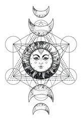 Canvas Print - Metatron Cube. Moon pagan Wicca moon goddess symbol. Three-faced Goddess, Maiden, Mother, Crone isolated vector illustration. Tattoo, astrology, alchemy, boho and magic symbol. Coloring book.