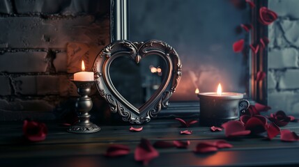 Wall Mural - heart shaped mirror, candles and red rose petals on the table near the old grey brick wall.