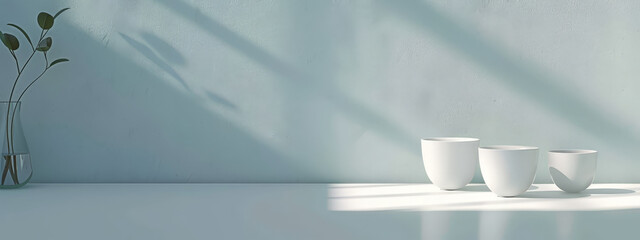 Wall Mural - A white vase with three white bowls on a table in front of a blue wall