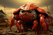A red crab in a superhero cape, defending its seashell fortress on a red background.