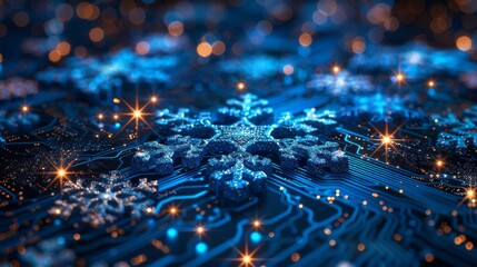 Abstract technology background with circuit blue lines and a snowflake design. Christmas and technology concept design.