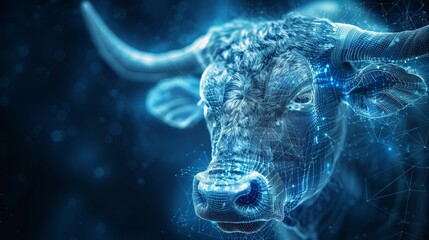 Wall Mural - Blue wireframe mesh of a bull head with low polygons