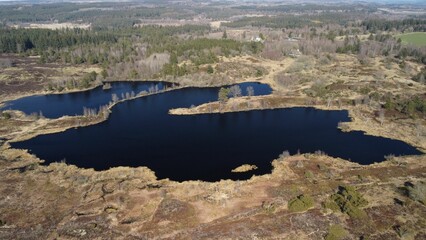 Aerial view of two lakes situated on the edge of a green field near a dense forest