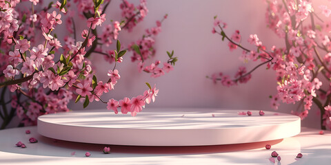 Wall Mural - Podium with beautiful cherry blossoms on color background, 3d render
