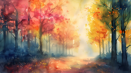 Sticker - Abstract watercolor background with forest and sunset. Digital art painting.