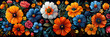 Colorful Mexican floral pattern on a black background,
Pattern of folk art of floral with stems leaves and flowers suitable for background