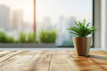 Sticker - A potted plant sits on a wooden table in front of a window