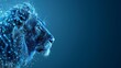 The lion head wireframe mesh is low polygon on a blue background