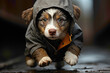 A playful puppy in a grey hoodie, skateboarding on a grey background.