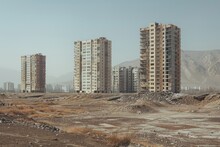 Several Tall Buildings Rise From A Desolate Dirt Field, Creating A Stark Contrast Between Urban Development And Raw Earth