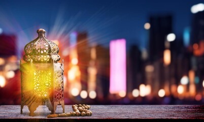 Wall Mural - Lantern shine at night sky with city background