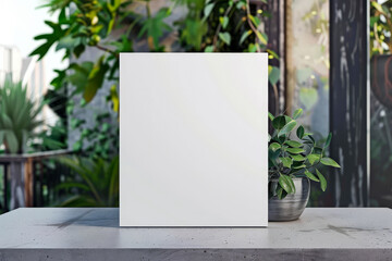 Wall Mural - A white box sits on a table next to a potted plant