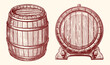 Wooden barrel, set. Oak cask sketch style. Hand drawn vintage vector illustration