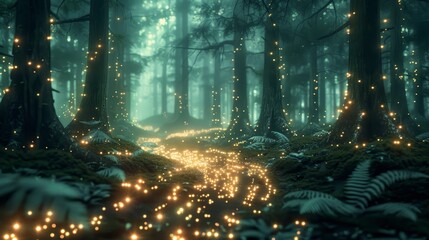 Wall Mural - A network of glowing pathways in a surreal forest