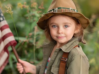 Poster - A young girl wearing a hat and a green jacket holding a flag. She is smiling and looking at the camera