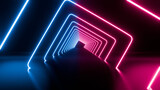 Fototapeta Przestrzenne - looped 3d animation, neon tunnel with rotating square frames. Abstract cycled background