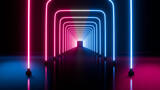 Fototapeta Przestrzenne - abstract neon video, flying forward through rectangular corridor, long tunnel, appearing glowing pink blue square shapes, ultraviolet spectrum