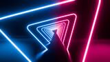 Fototapeta Przestrzenne - abstract neon background, flying forward through triangular corridor, tunnel, appearing glowing pink blue shapes, ultraviolet spectrum